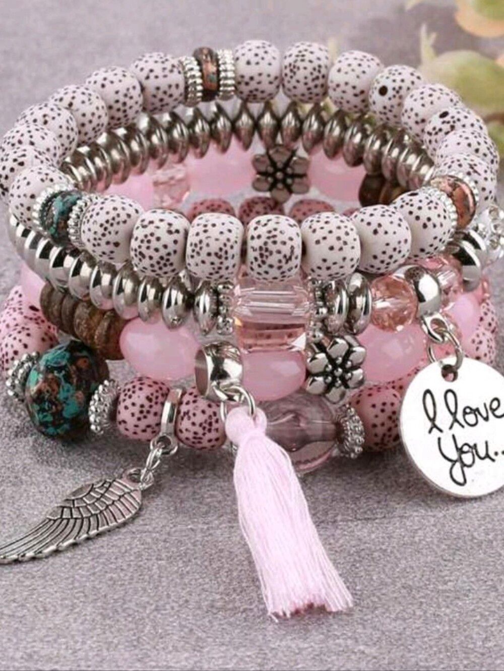 ♡♡♡ Fashion Jewelry Pink Taupe Beaded Bracelet Set Butterfly Charm - 4pcs - Picture 1 of 4